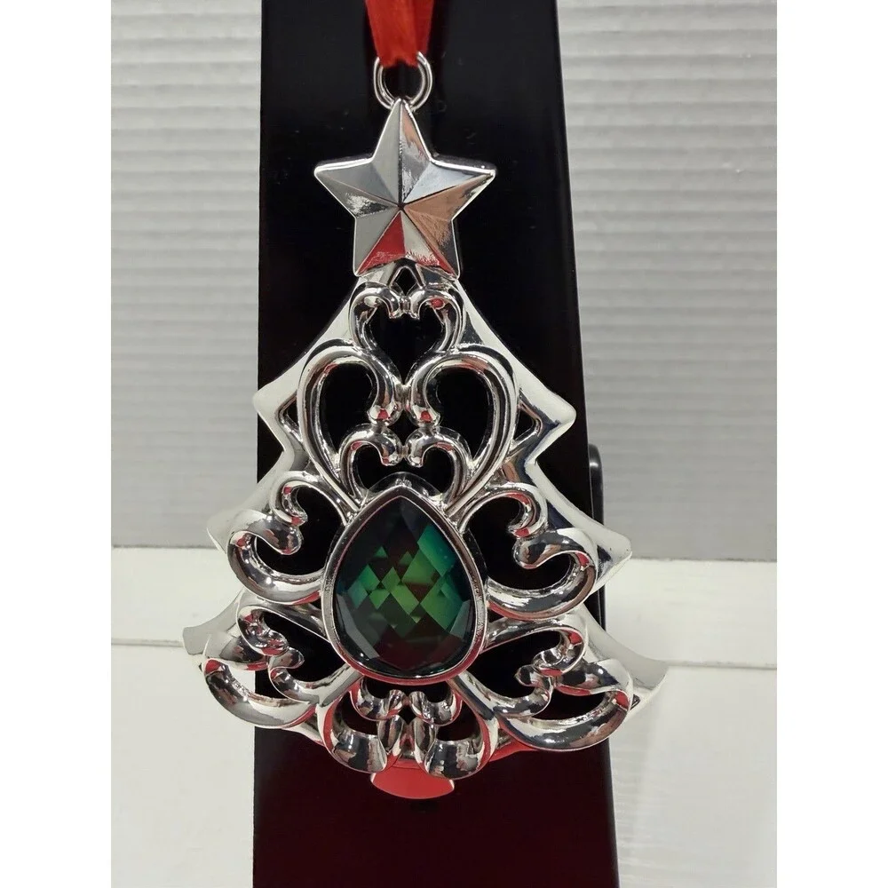Lenox Bejeweled Christmas Tree Ornament Silverplate With Green Gem